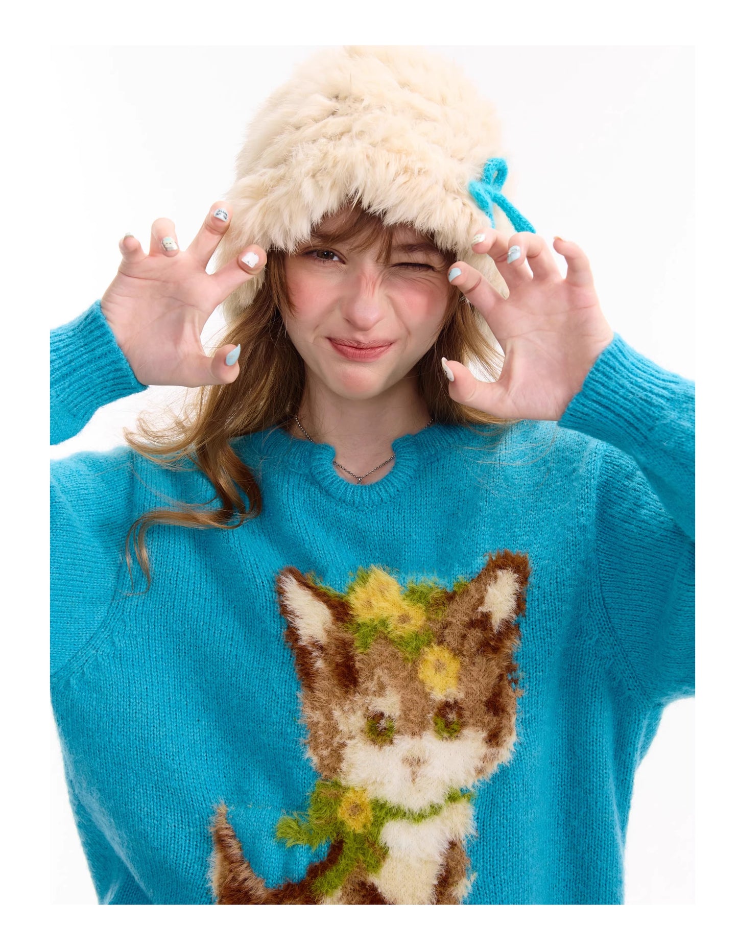 ziziFei – Girly Kei Blue Cat Knit Sweater sweater ziziFei