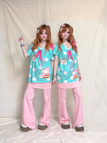 YJM with biubiu - Aqua Blue Love Dessert Top tshirt YJM with biubiu
