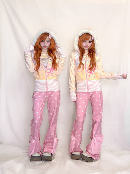 YJM with biubiu - Pink Polka Dot Flared Sweatpants pants YJM with biubiu