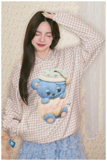tntntutu - Kawaii Plaid Blue Bear Fleece Hoodie Loungewear hoodie tntntutu