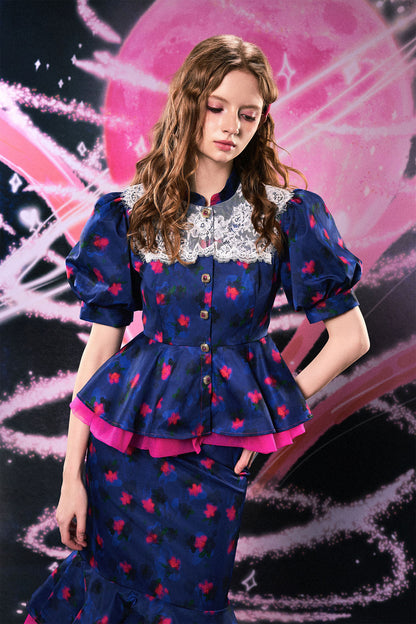 Monsssstar 法式复古娃娃领黑色碎花连衣裙春夏甜美泡泡袖收腰裙子 set Monsssstar