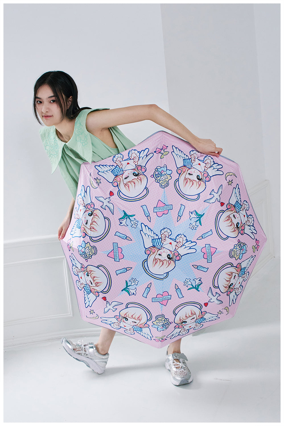 tntntutu Pink-Blue Angel Umbrella | Check Sun Umbrella | UV Protection Folding Parasol umbrella tntntutu