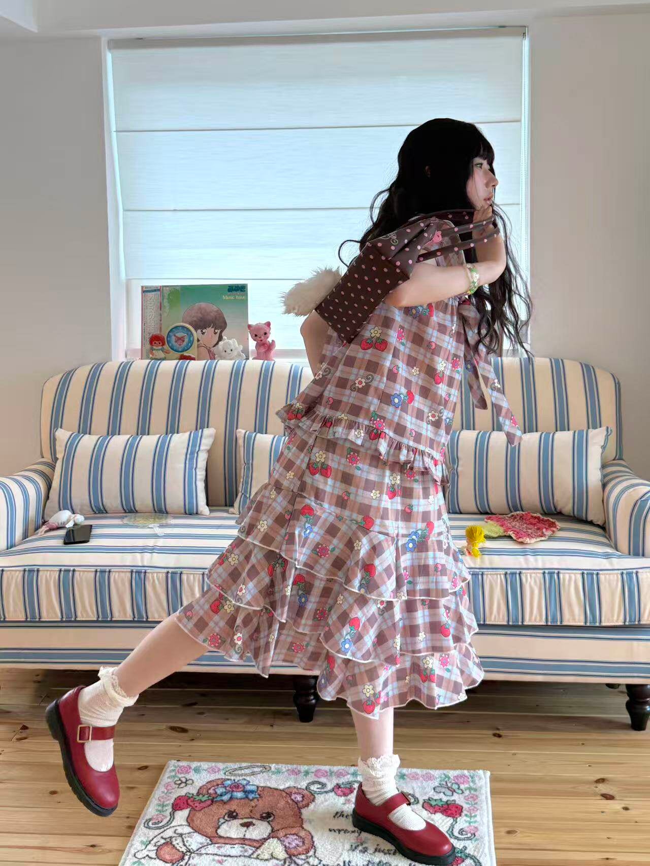 KaiXin Hostel - Strawberry Plaid Bow Shirt Set set KaiXin hostel