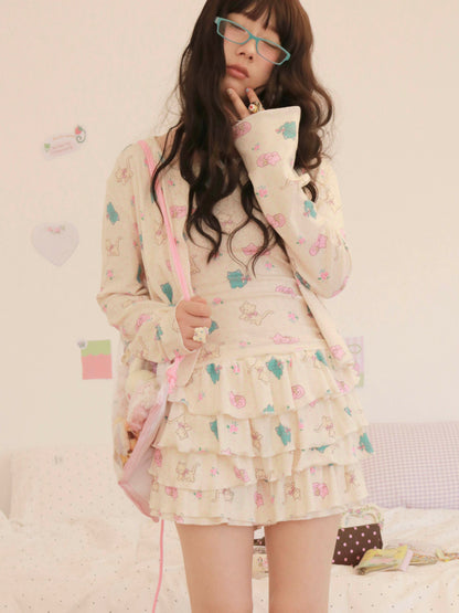 KaiXin Hostel - Cat Rose Print Cardigan Set set KaiXin hostel