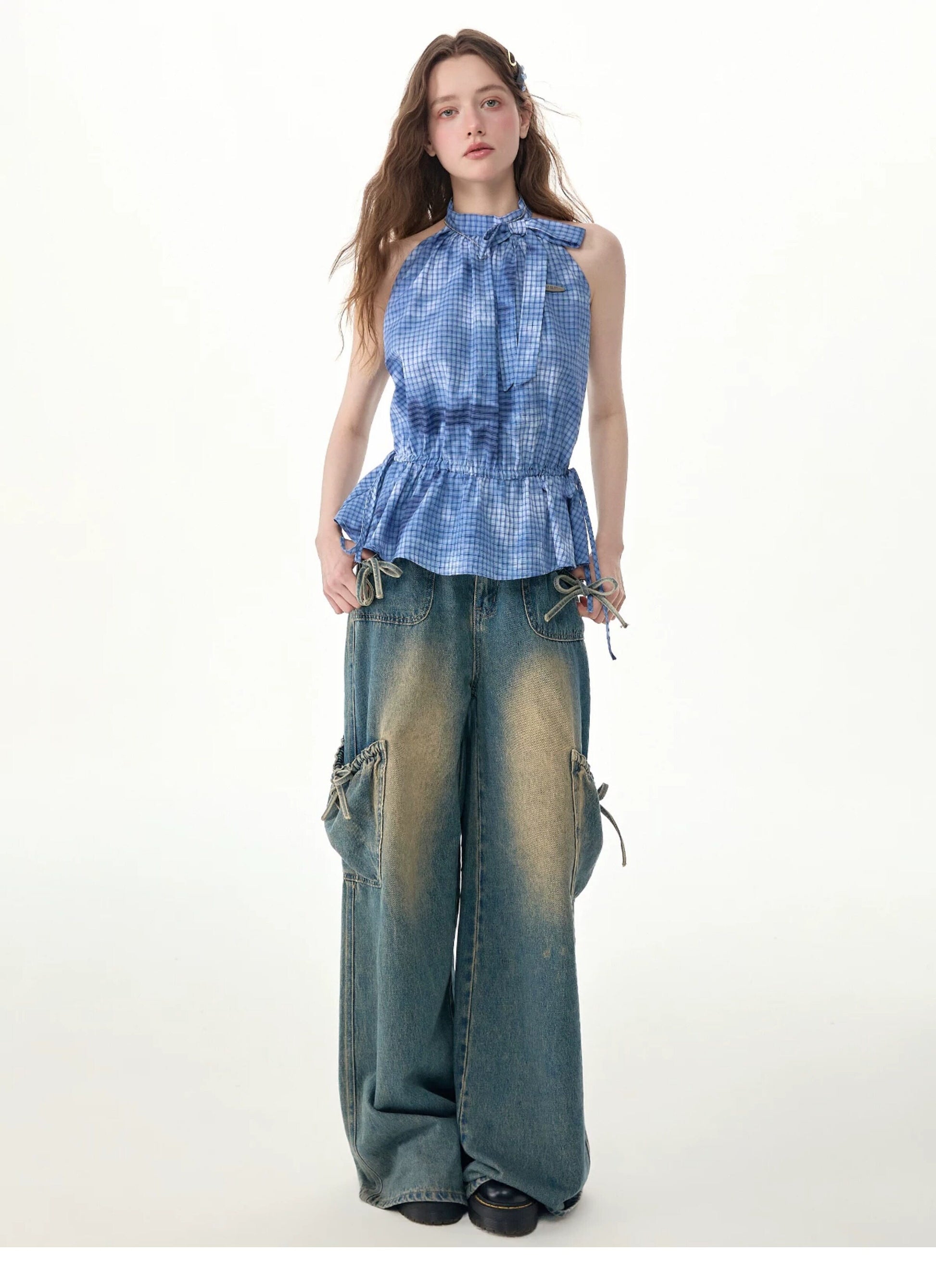 ziziFei - Blue Plaid Bow Halter Top shirt ziziFei