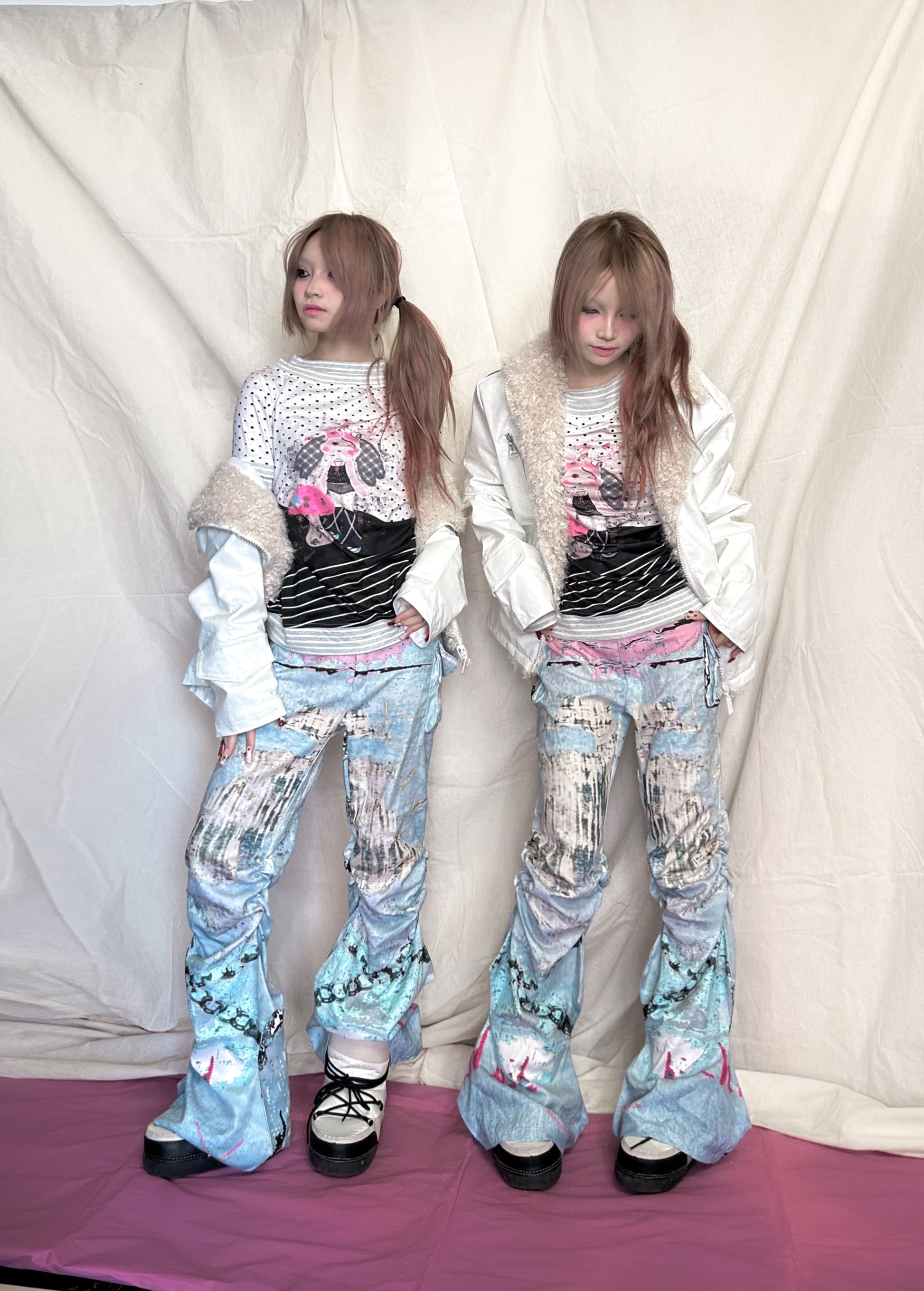 YJM with biubiu Graffiti Ruched Pants | Low-Waist Thin Long Pants pants YJM with biubiu