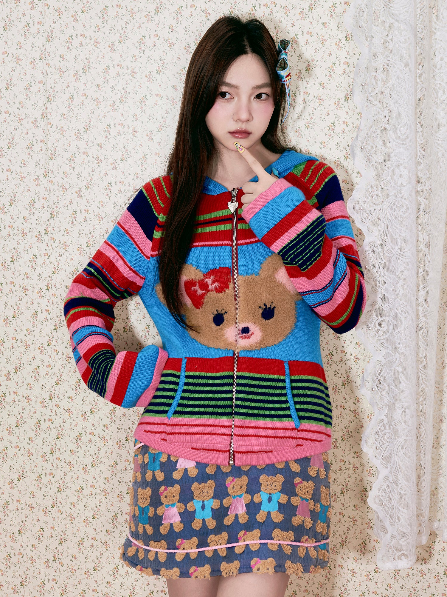 tntntutu - Colorful Striped Teddy Knit Hoodie Cardigan cardigan tntntutu