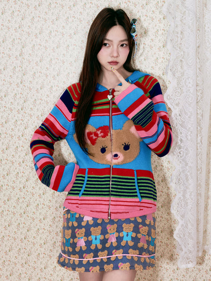 tntntutu - Colorful Striped Teddy Knit Hoodie Cardigan cardigan tntntutu