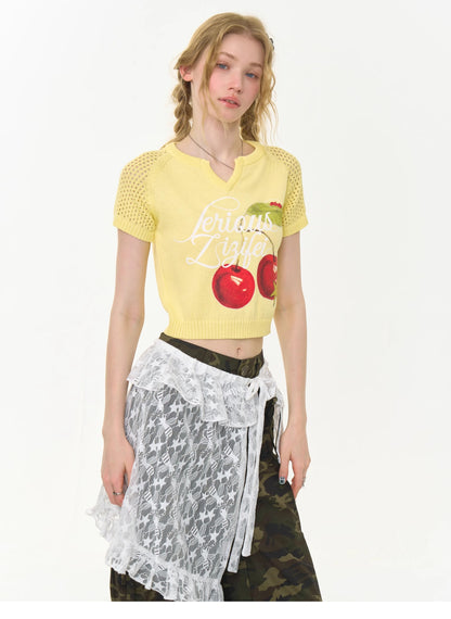 ziziFei - Girly Cherry Print V Neck Knit T Shirt shirt ziziFei