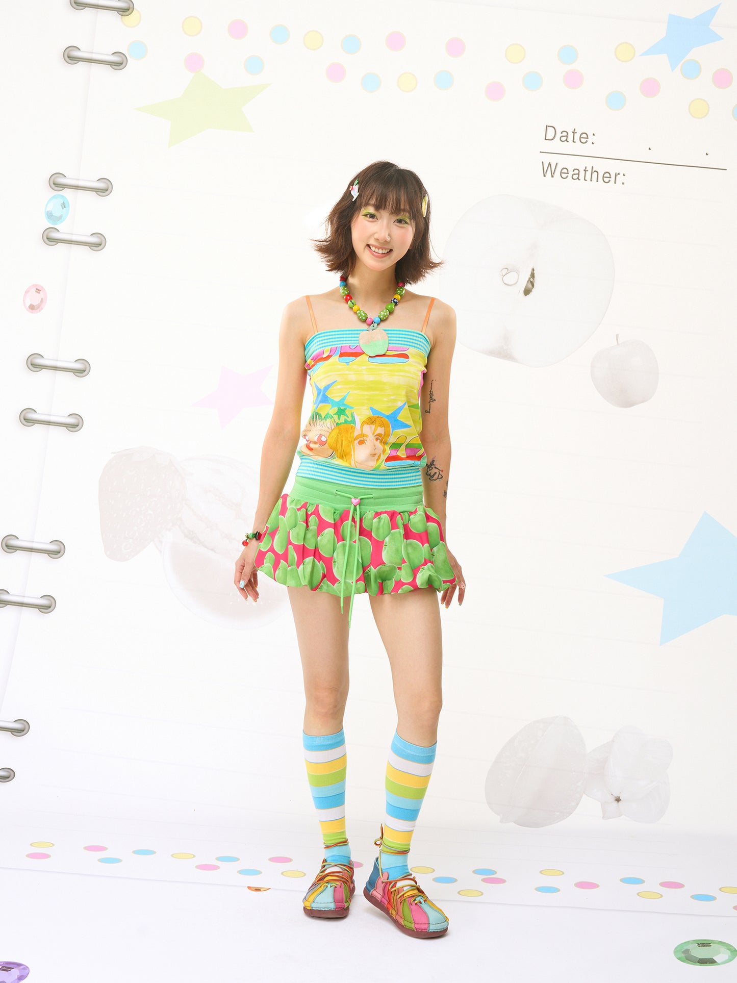 FRUITS Illustration‑Print Cami | Bandeau Cami Top | Stretch Knit tank top Fruits