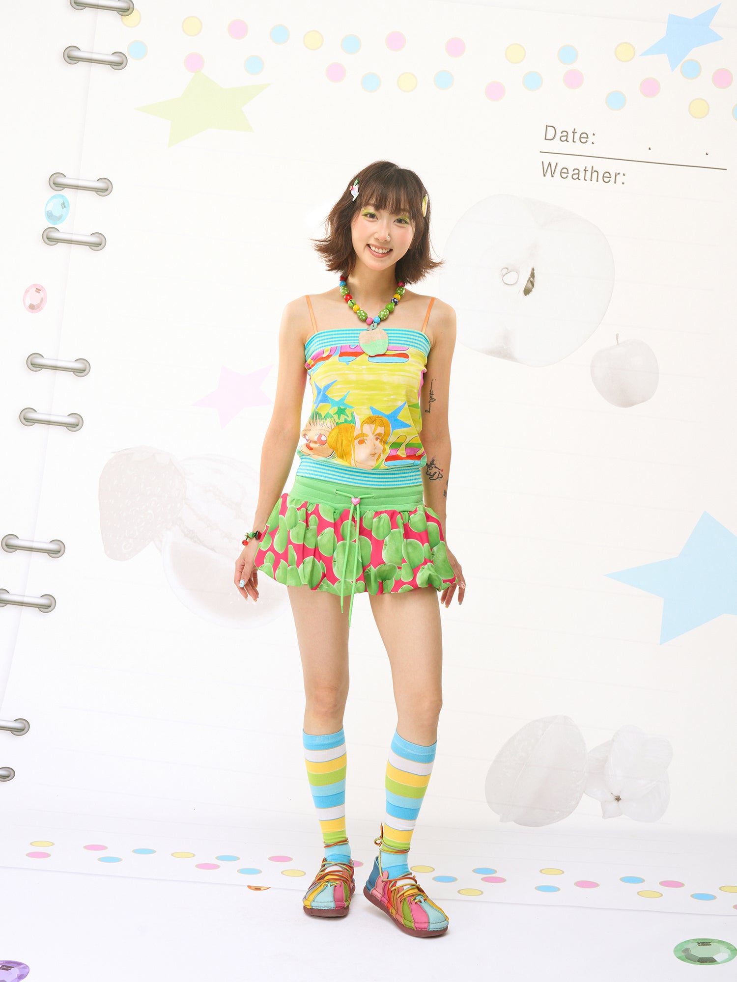 FRUITS Illustration‑Print Cami | Bandeau Cami Top | Stretch Knit tank top Fruits