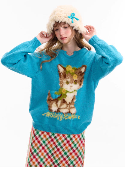 ziziFei – Girly Kei Blue Cat Knit Sweater sweater ziziFei