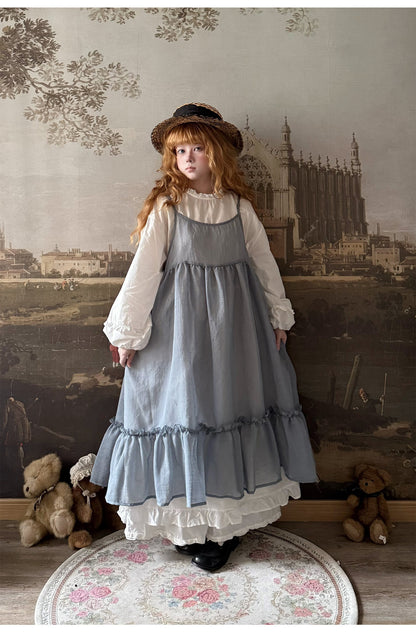 Labeau - White Puff Sleeve Lace Collar Loose Cotton Dress dress Labeau Blue Overlay
