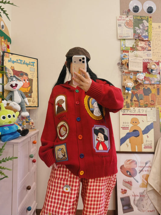 BIBULU - Kidcore Cartoon Embroidered Knit Cardigan Oversized Cozy cardigan BIBULU Red M