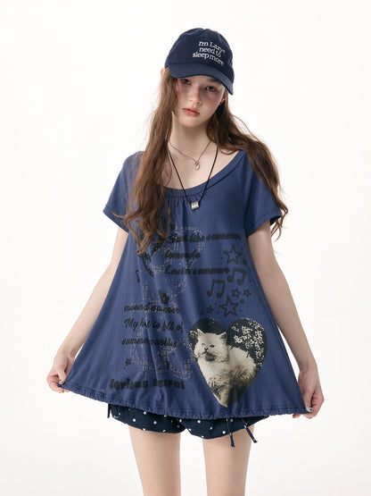 ziziFei - Blue Cat Print Drawstring Tee shirt ziziFei