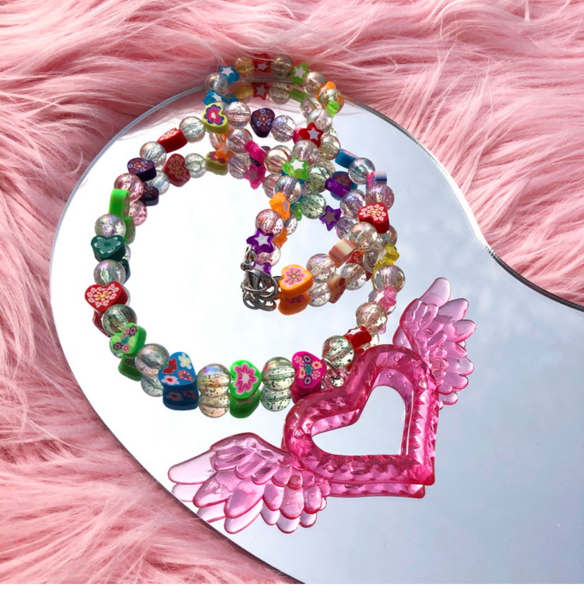 Strangelab - Sparkly Heart Wing Beaded Statement Necklace necklace strangelab