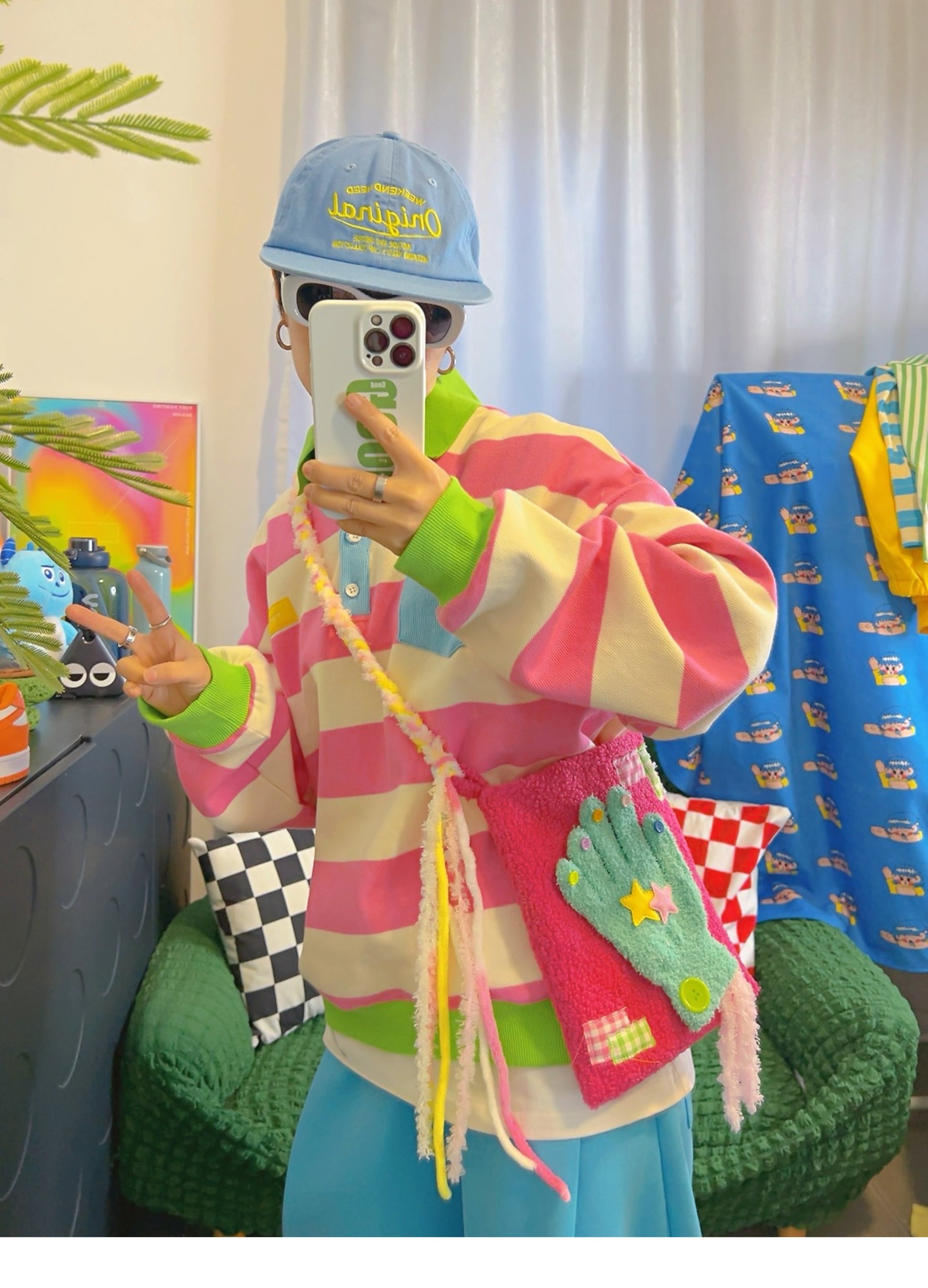 KURIOSITAET - Decora Kei Pink Striped Polo Sweatshirt sweatshirt KURIOSITAET