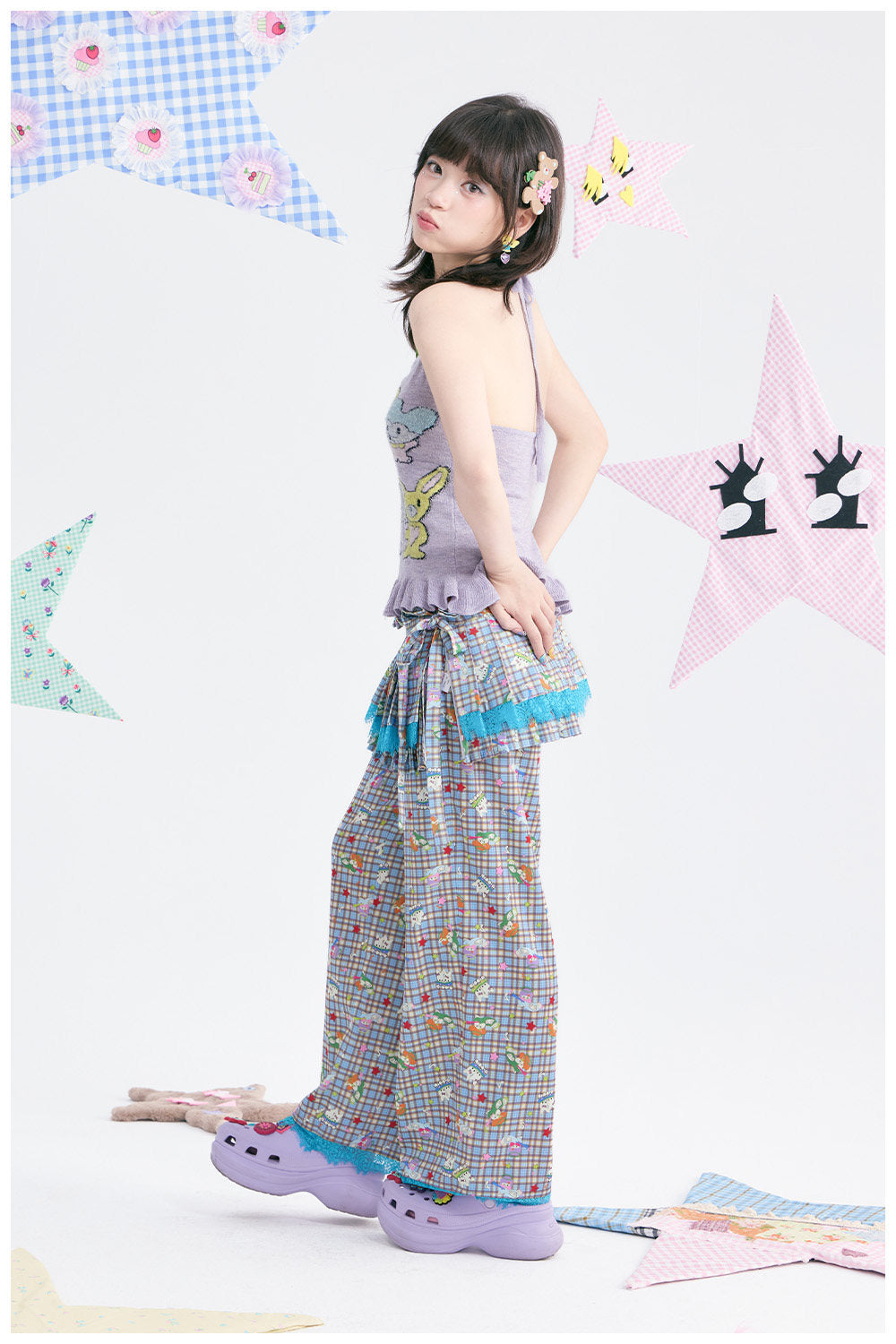 tntntutu - Plaid Angel Print Low Rise Layered Pants pants tntntutu