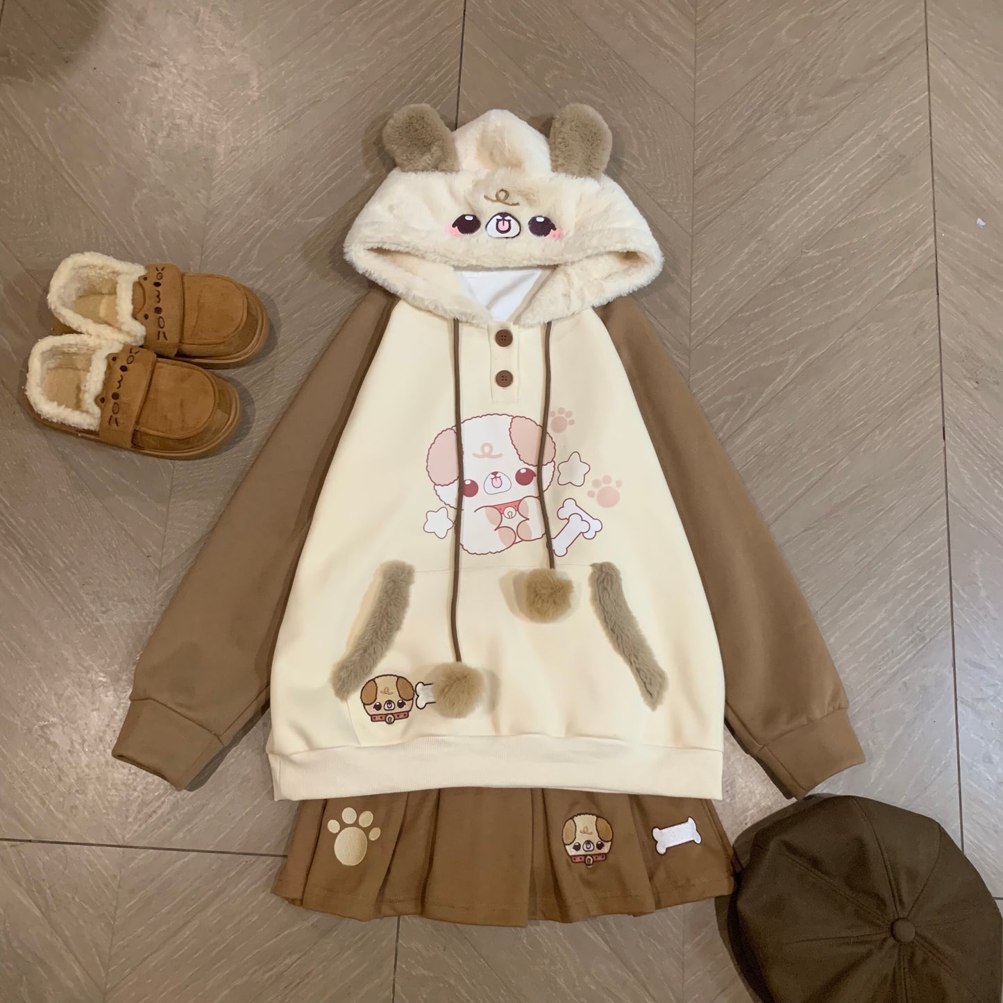 Blurred Bear - Kawaii Colorblock Fleece Hoodie Skirt Set set Blurred Bear