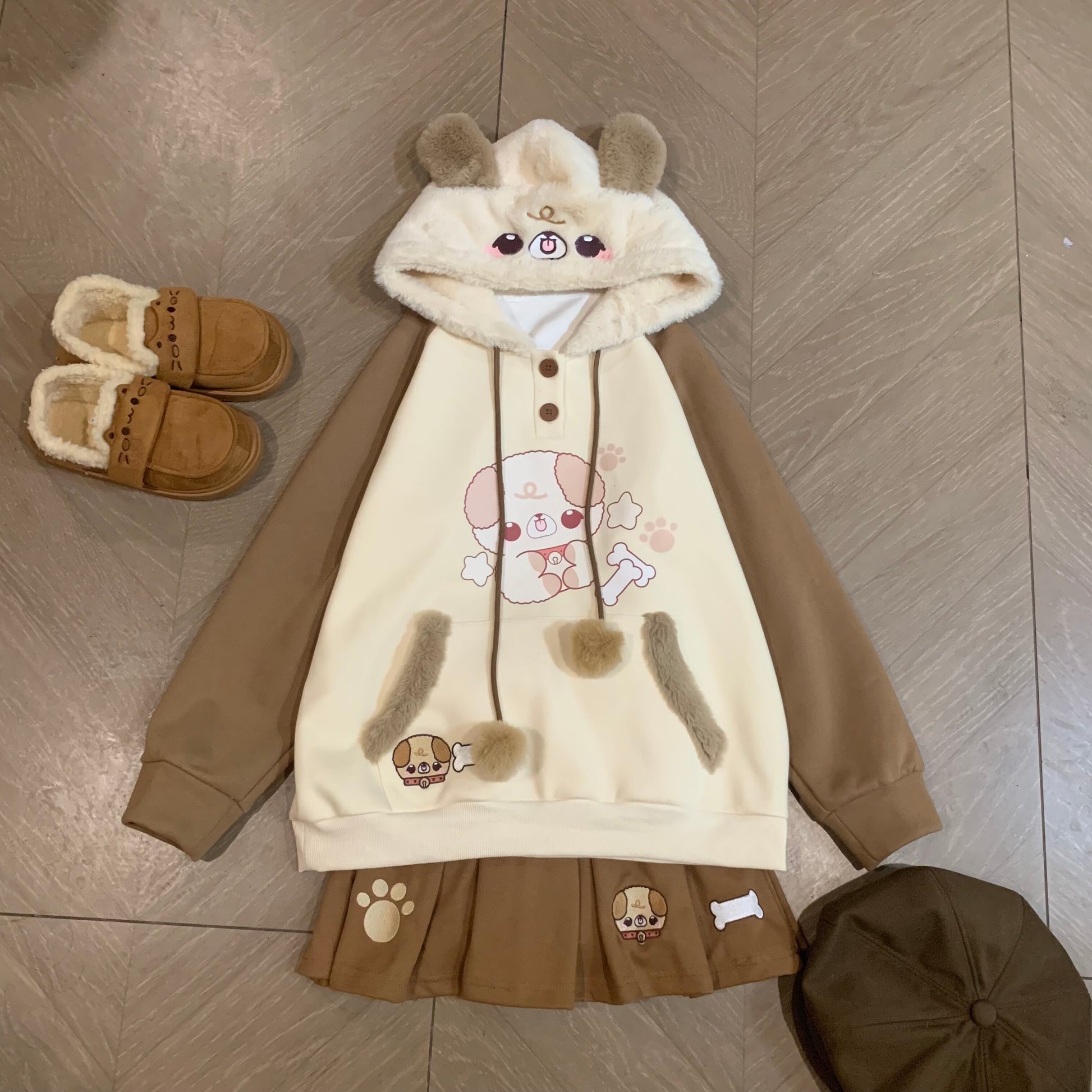 Blurred Bear - Kawaii Colorblock Fleece Hoodie Skirt Set set Blurred Bear