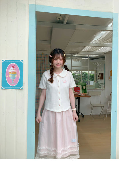 Peach Party - White Embroidered Knit Polo Cardigan