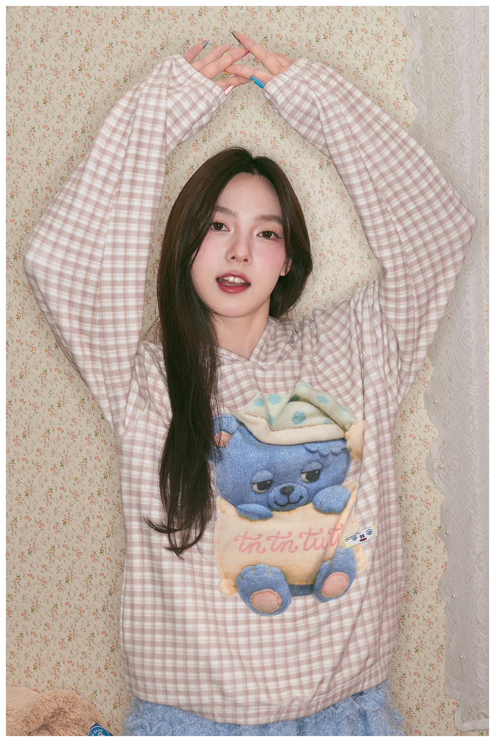 tntntutu - Kawaii Plaid Blue Bear Fleece Hoodie Loungewear hoodie tntntutu