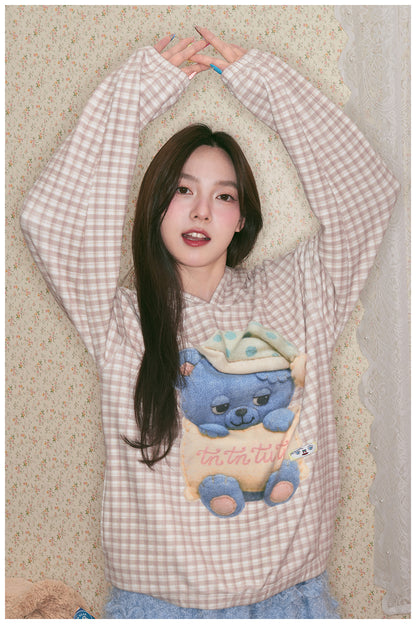 tntntutu - Kawaii Plaid Blue Bear Fleece Hoodie Loungewear hoodie tntntutu