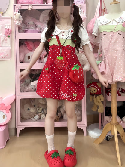 Blurred Bear - Strawberry Doll Collar Overalls Set set Blurred Bear