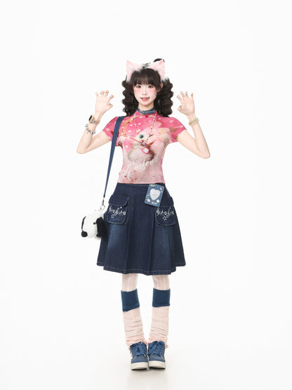 Languid Park - Cat Print Stretch Cropped T-Shirt tshirt Languid Park