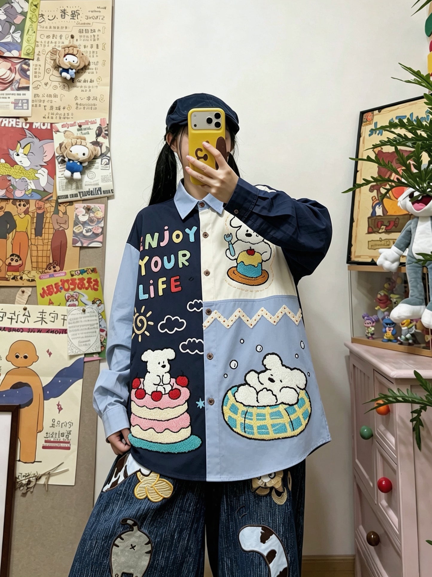 BIBULU - Color Block Cartoon Embroidered Long Sleeve Shirt shirt BIBULU