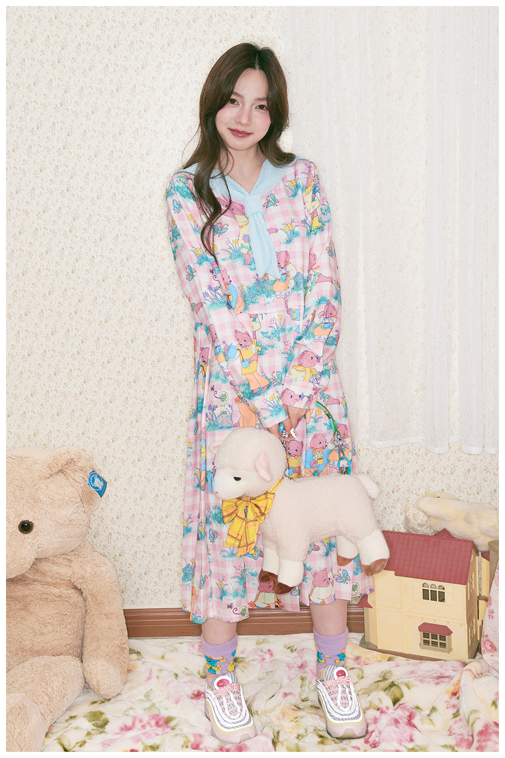 tntntutu - Pink Teddy Print Removable Sailor Collar Dress dress tntntutu