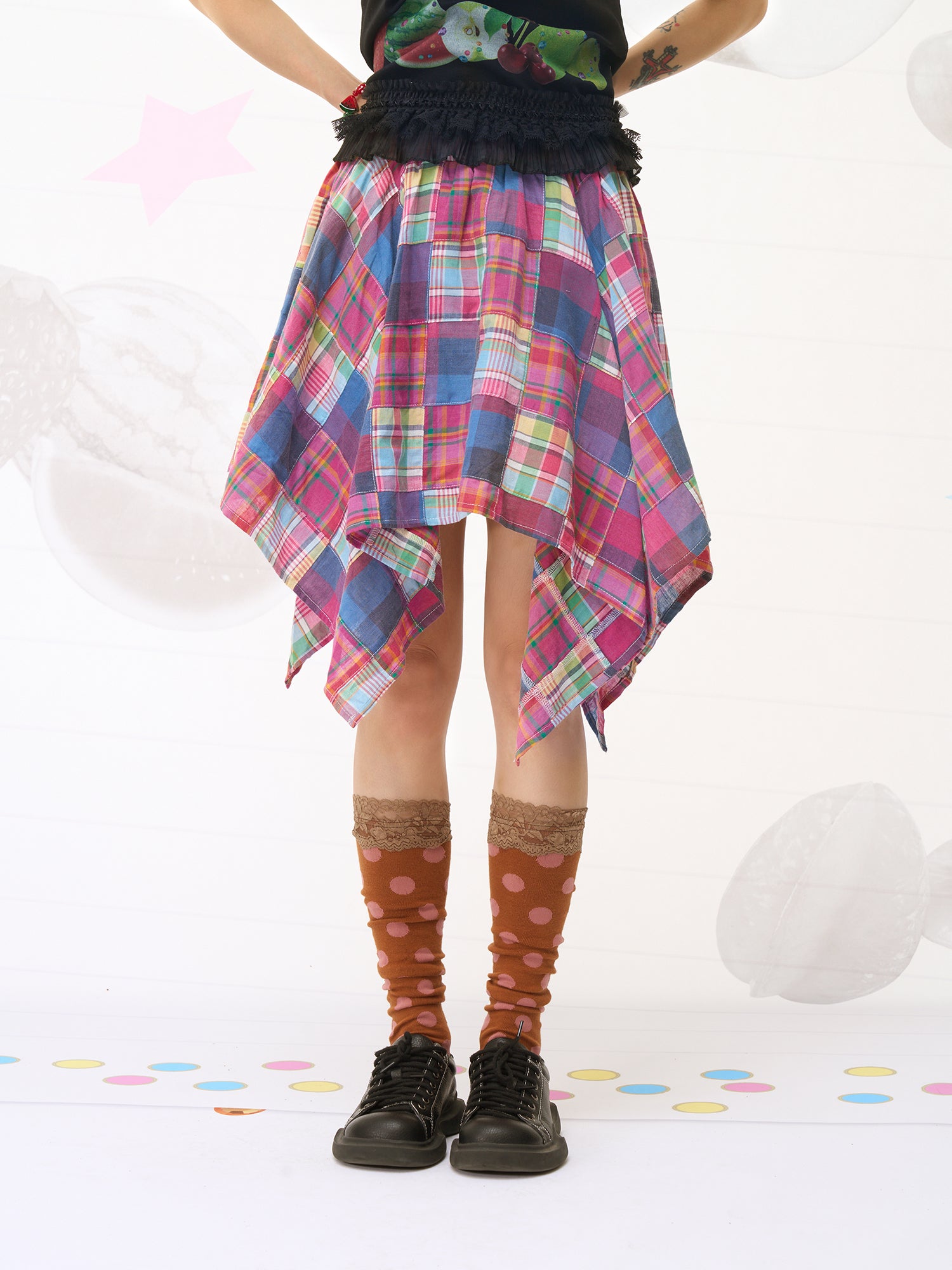 FRUITS Patch‑Work Skirt | Plaid Asymmetric Skirt | Blue Purple Skirt skirt Fruits