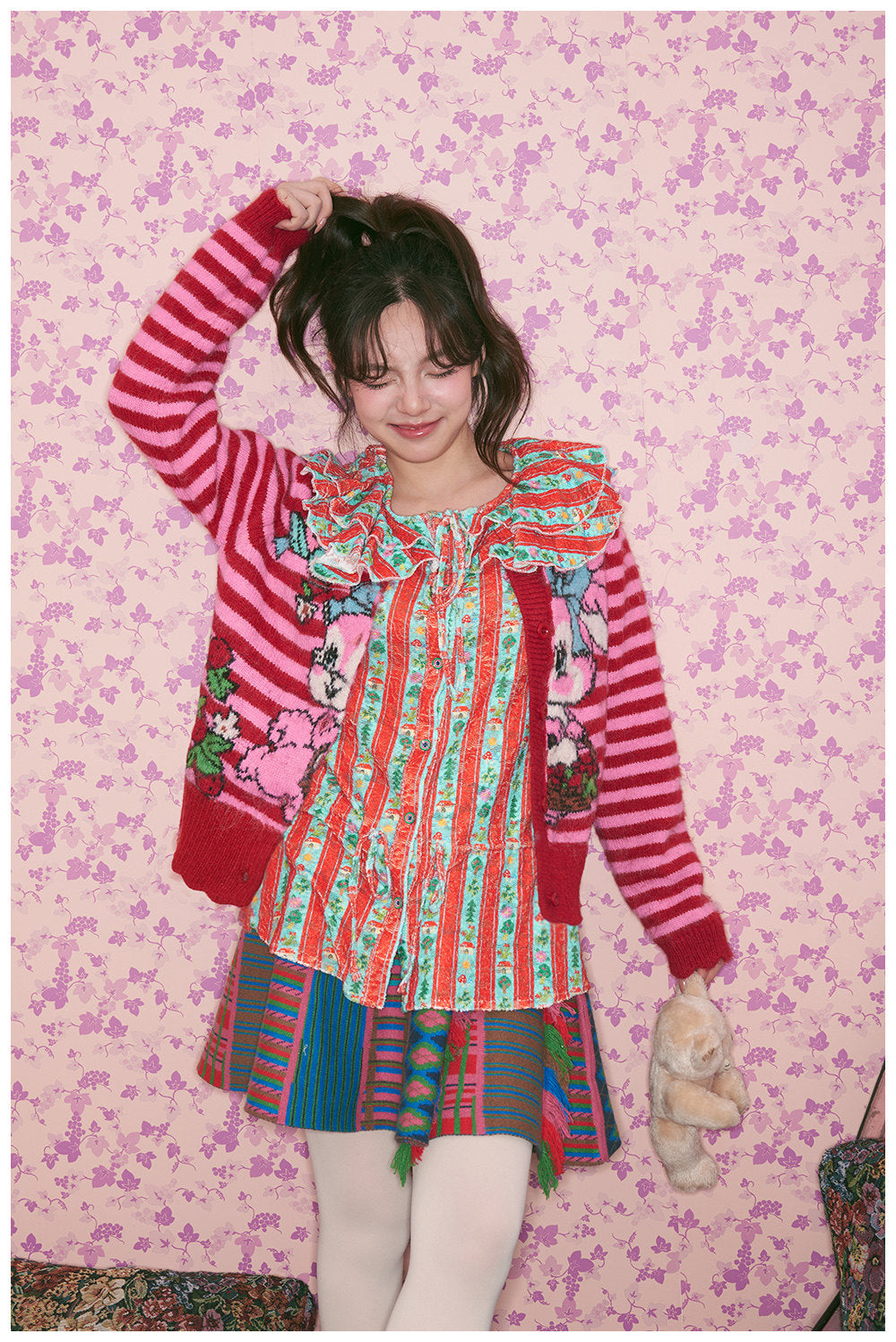tntntutu - Kidcore Red Green Stripe Lace Shirt blouse tntntutu