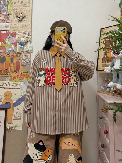 BIBULU - Japanese Cartoon Embroidered Stripe Shirt shirt BIBULU