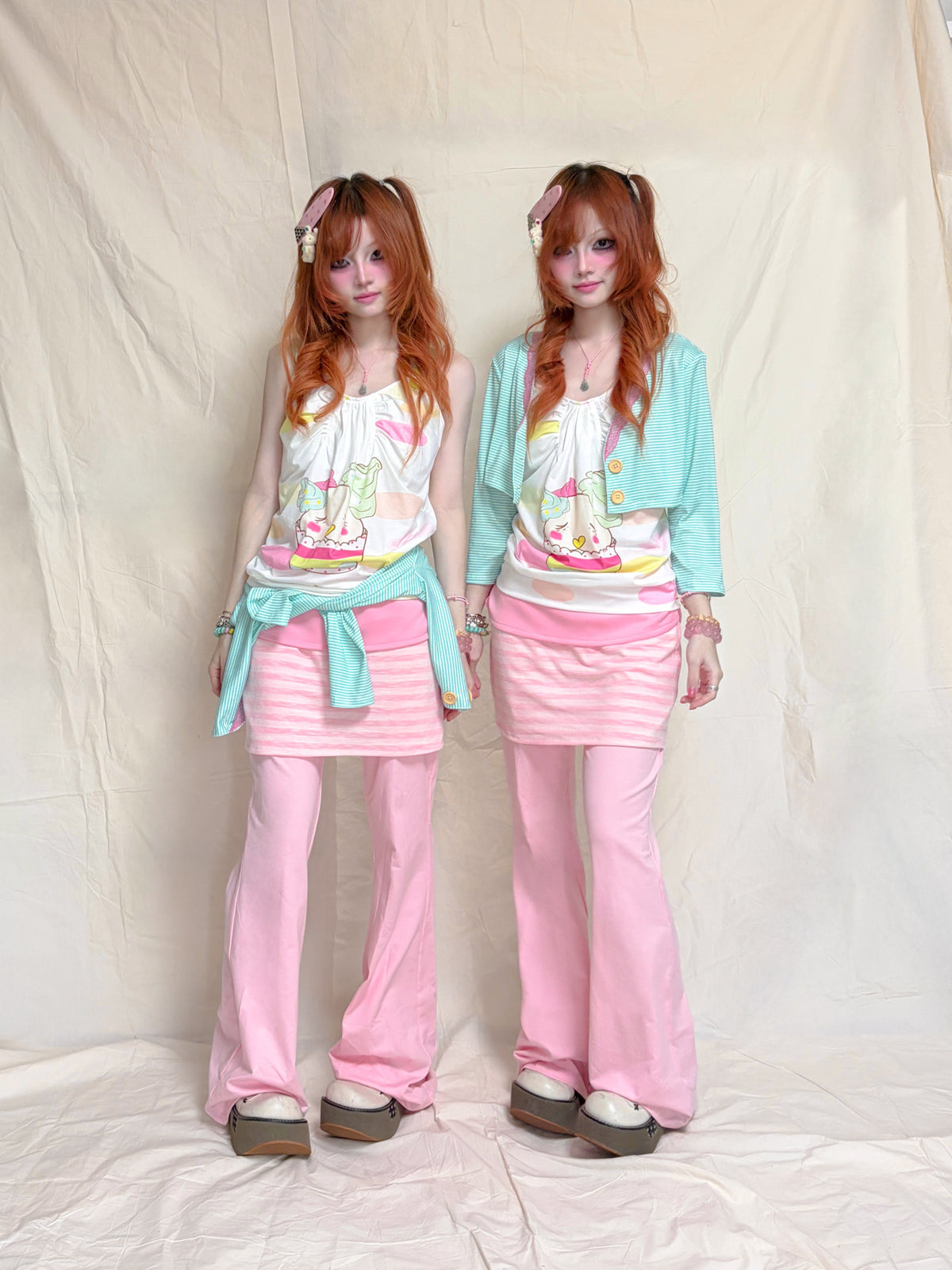 YJM with biubiu - Pink Stripe Foldover Skirt Pants pants YJM with biubiu