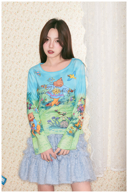 tntntutu - Blue Green Teddy Print Rhinestone Letter Stretch Top shirt tntntutu