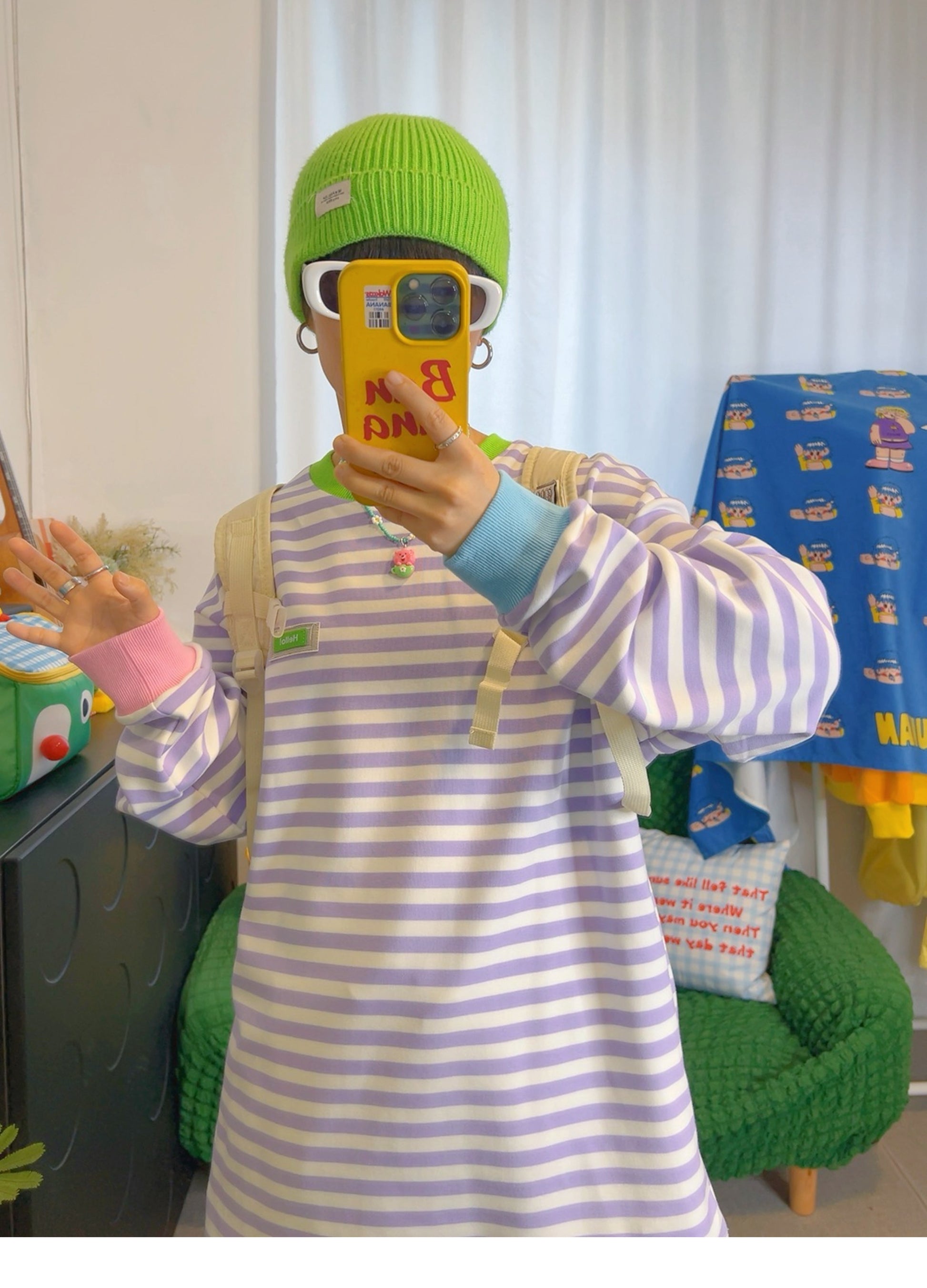 KURIOSITAET - Decora Kei Purple Striped Long Sleeve Tee shirt KURIOSITAET