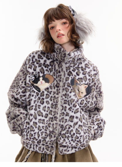 ziziFei - Girly Kei Leopard Cat Fleece Jacket coat ziziFei