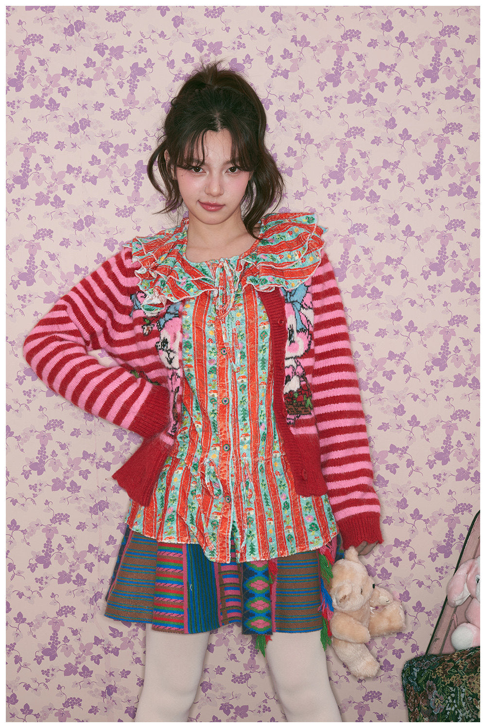 tntntutu - Kidcore Red Green Stripe Lace Shirt blouse tntntutu