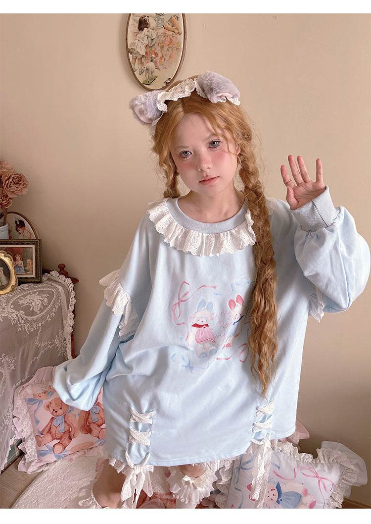 Labeau - Kawaii Ballet Bunny Lace Trim Ribbon Sweatshirt sweatshirt Labeau Blue