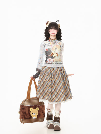 Languid Park - Lace Trim Plaid Midi Skirt