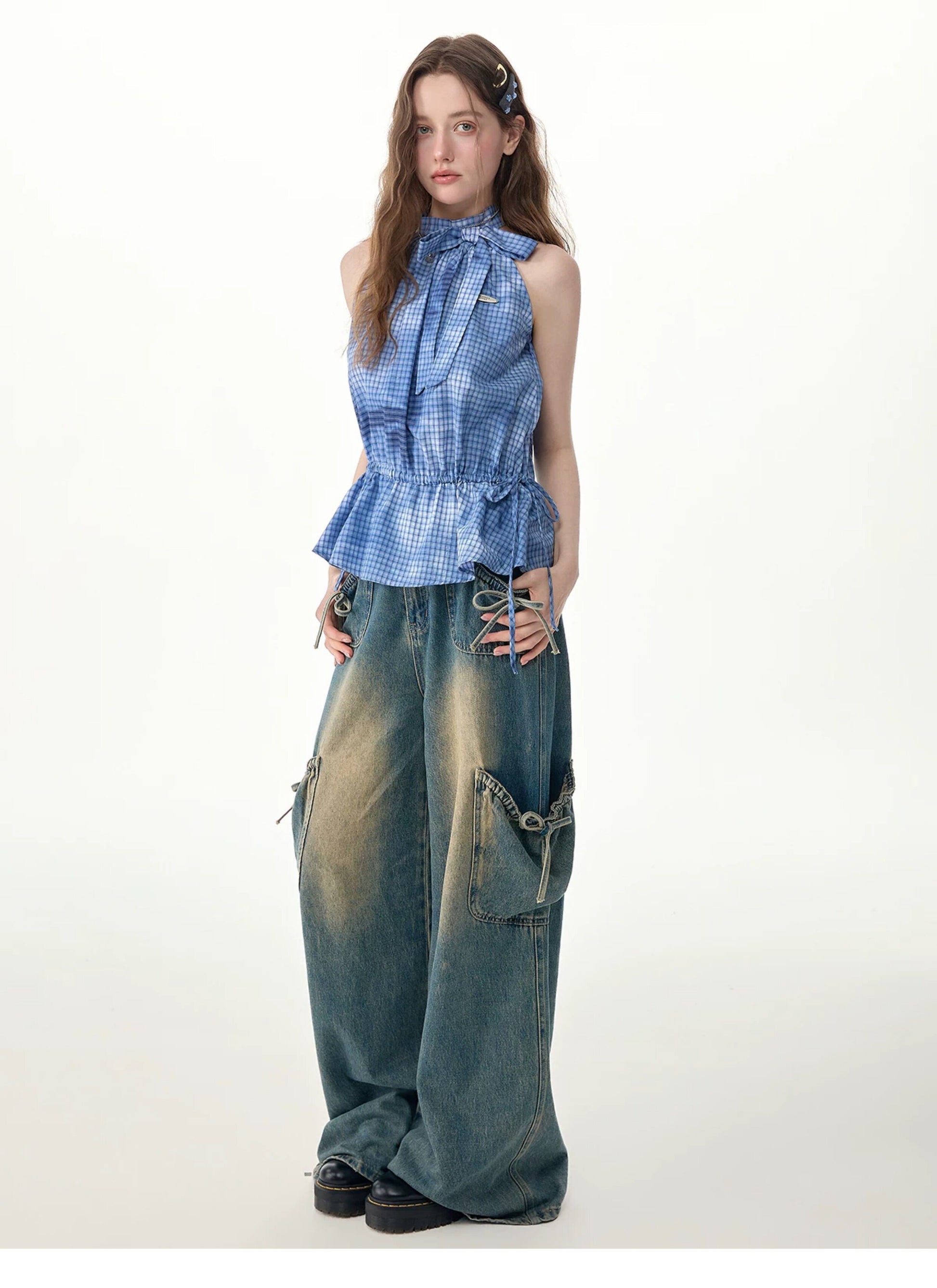 ziziFei - Blue Plaid Bow Halter Top shirt ziziFei