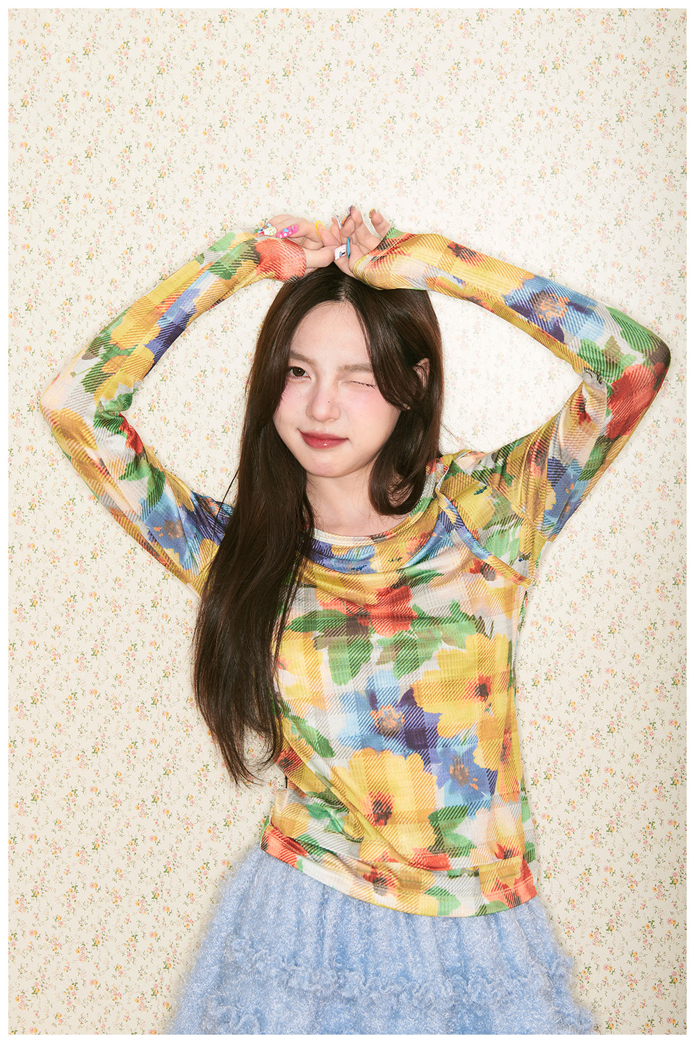 tntntutu - Bunny & Floral Plaid Slim Fit Layered Top shirt tntntutu