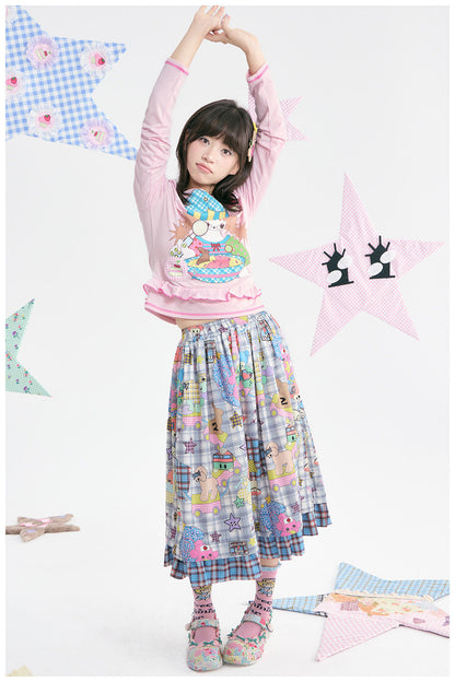 tntntutu - Pink Illustration Ruffle Long Sleeve Top shirt tntntutu