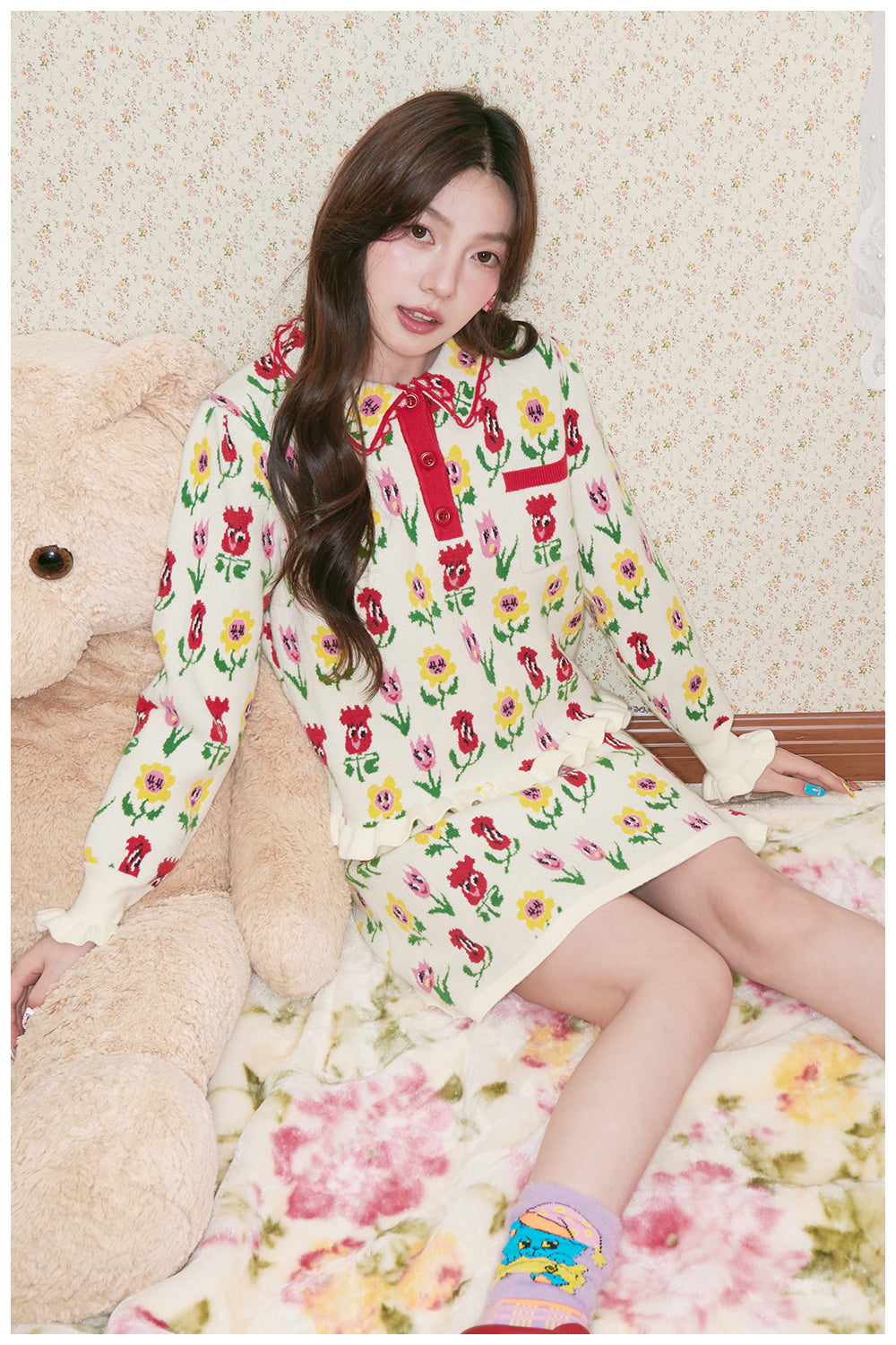 tntntutu - White Cartoon Flower Knit Top & Skirt Set Kawaii Two-Piece Outfit set tntntutu