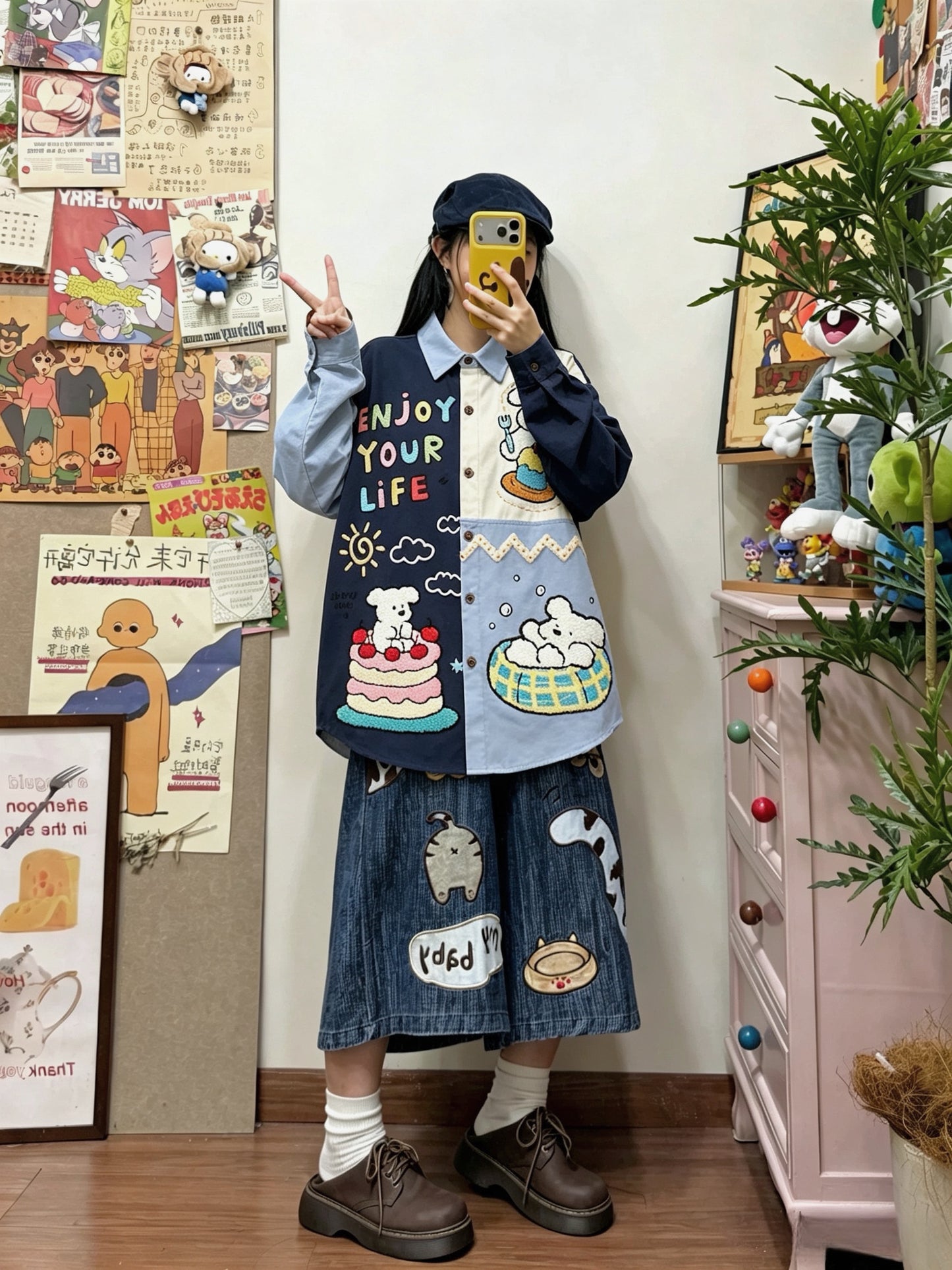 BIBULU - Color Block Cartoon Embroidered Long Sleeve Shirt shirt BIBULU