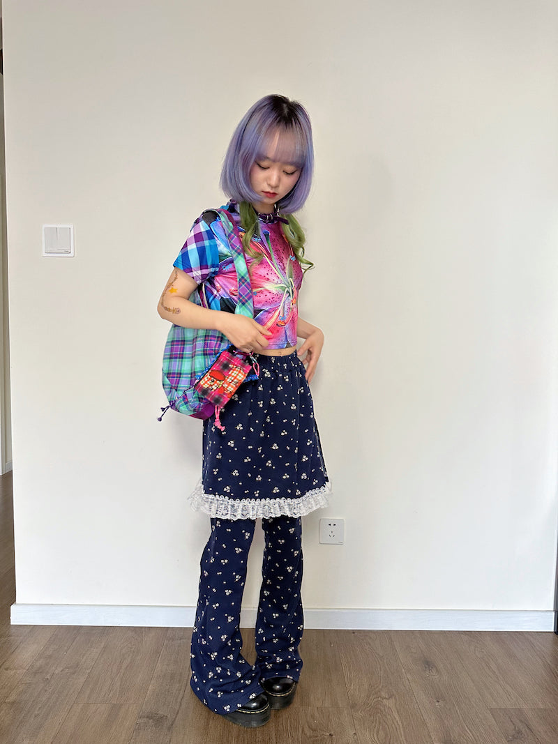 Decora Kei T-shirt – Vintage Plaid Round Neck tshirt bunnybunnygun
