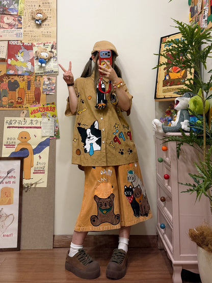 BIBULU - Kawaii Puppy Embroidered Oversized Short Sleeve Shirt