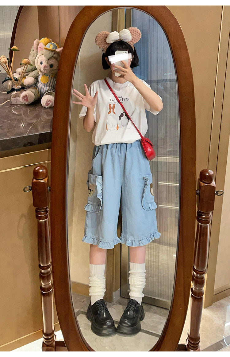 Naive – Embroidered Bear Denim Shorts pants Naive