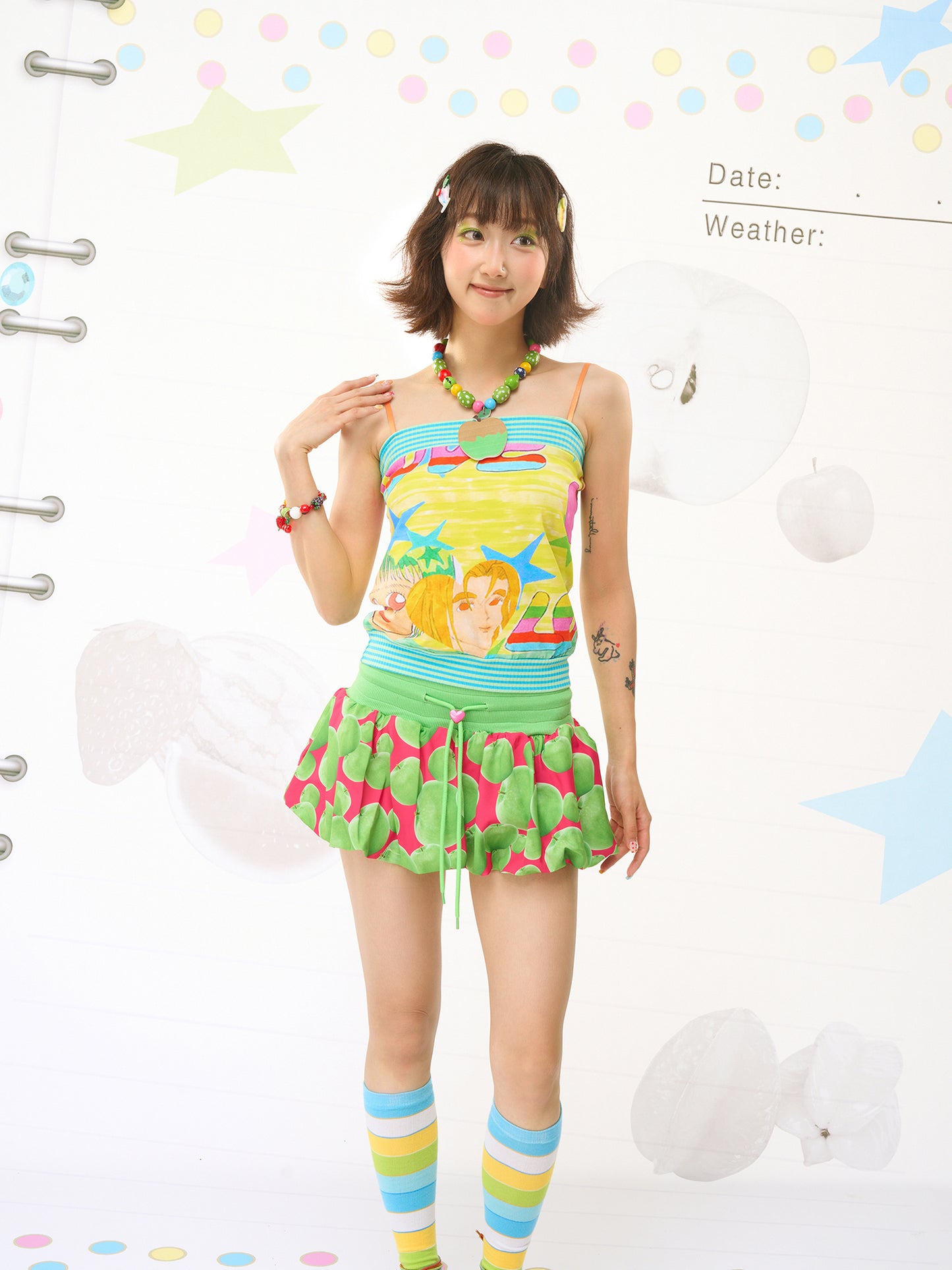 FRUITS Illustration‑Print Cami | Bandeau Cami Top | Stretch Knit tank top Fruits